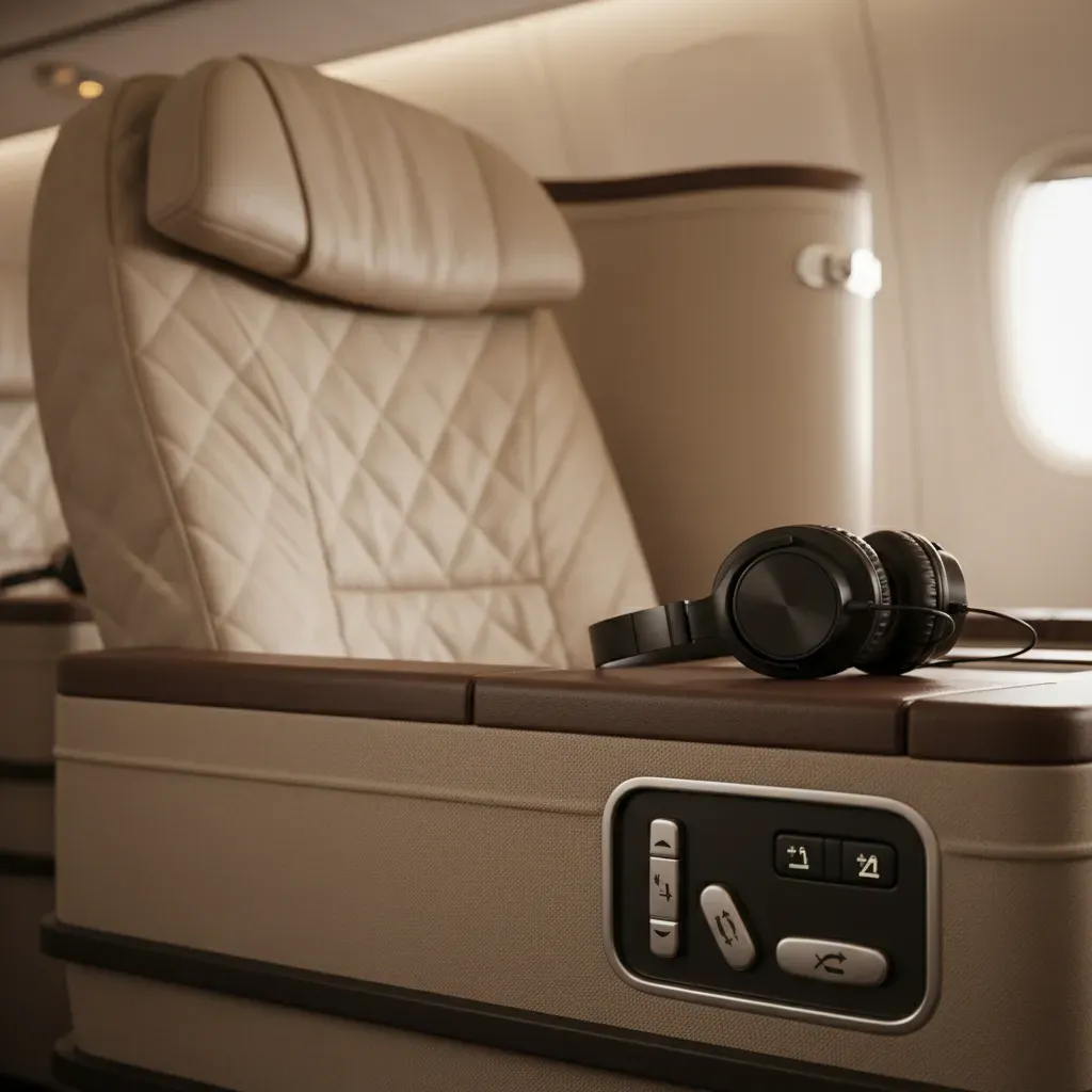 Emirates business class seat detail with premium materials, armrest controls, and comfort amenities