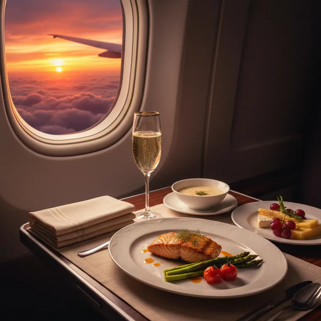 Emirates business class social image with aircraft window sunset view and premium onboard dining