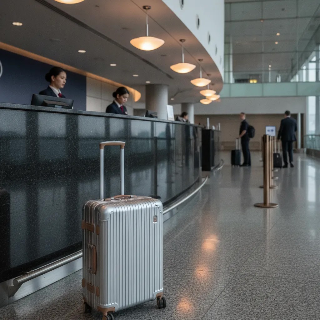 Airport check-in counter scene illustrating Emirates business class upgrade cost and airport upgrade requests