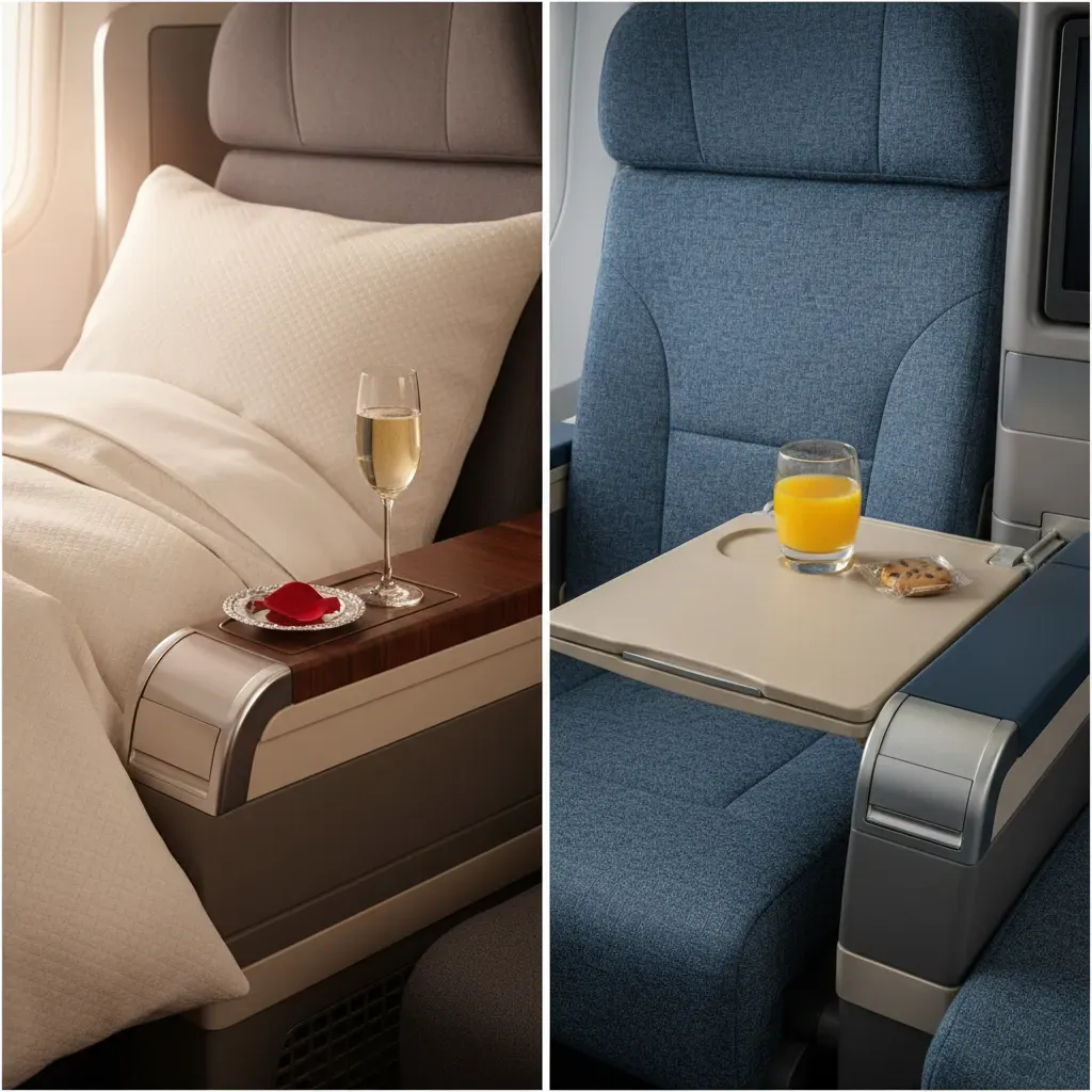 Emirates business vs first class cabin comparison on the A380 showing suite privacy and seating differences
