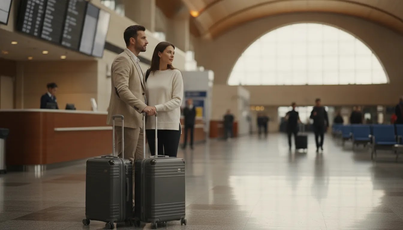 Couple reviewing emirates flight deals in a premium airport terminal setting