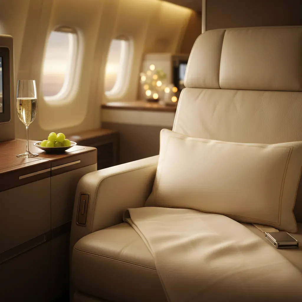 Emirates first class cabin on the A380 showing private suites and exclusive luxury layout
