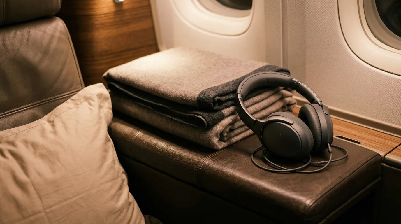 Premium cabin amenities with blanket, pillow, and headphones