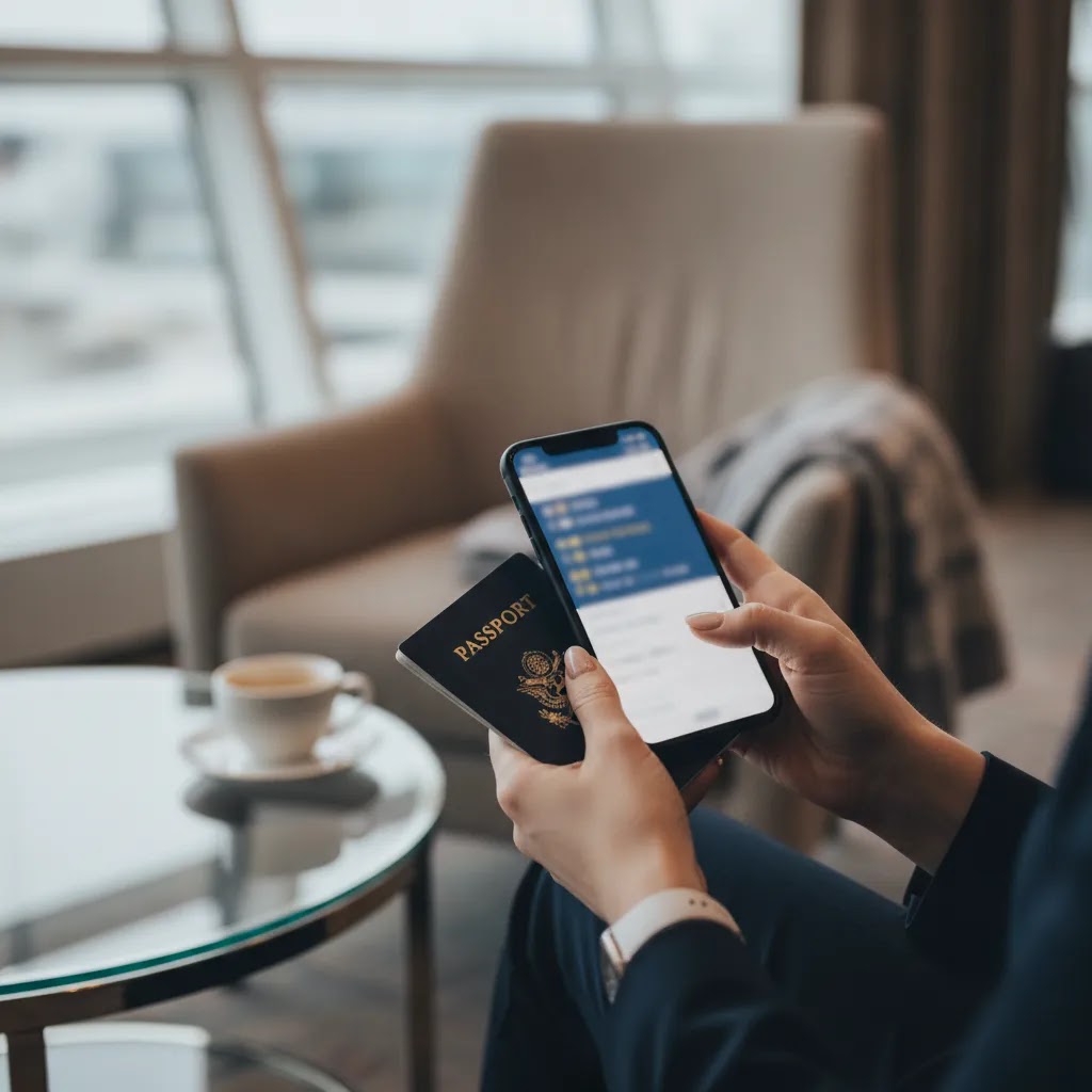 Passenger checking an Emirates upgrade option on a smartphone in an airport lounge
