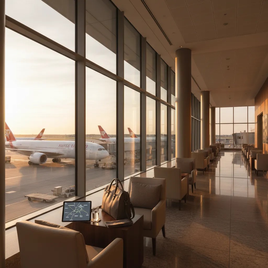 First class Australia flight connection hub scene with luxury terminal and long-haul aircraft for Australia routes