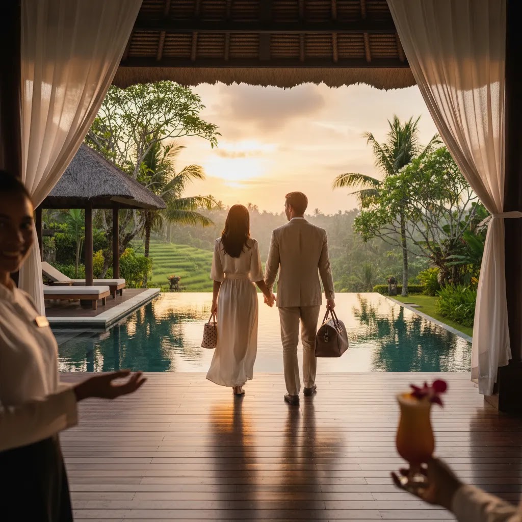 First class flight to Bali arrival leading to a luxury villa stay in Bali
