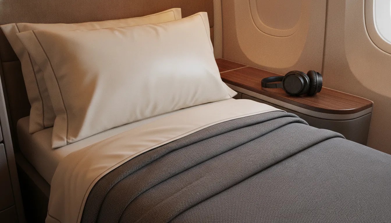First class benefits including premium bedding and onboard comfort details