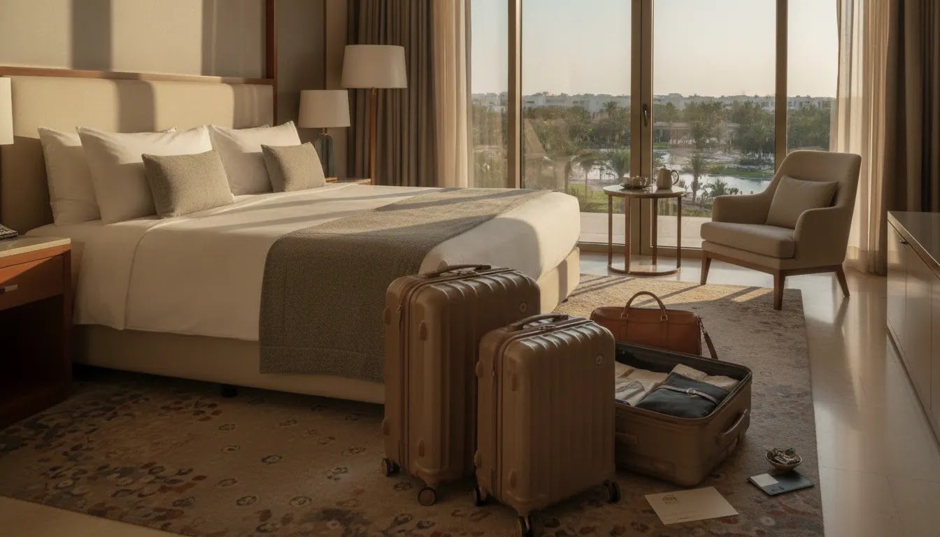 First class flight and hotel packages represented by a premium hotel suite arrival scene