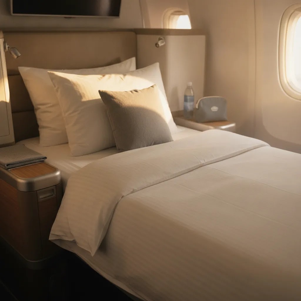 Lie-flat premium cabin bed prepared with linens and pillow on a long-haul aircraft seat