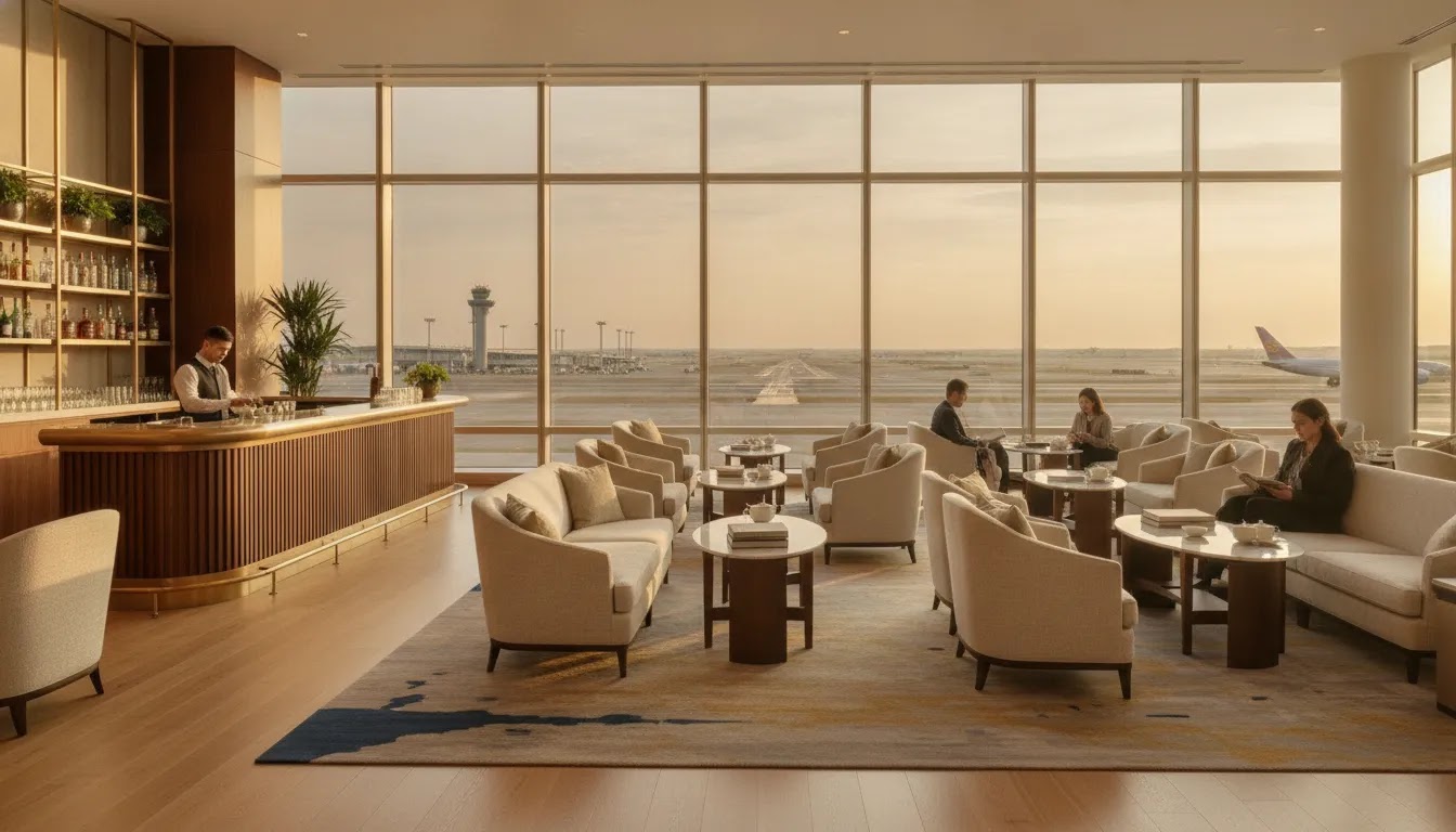 How much does first class cost illustration showing a premium airport lounge with runway views and quiet upscale seating