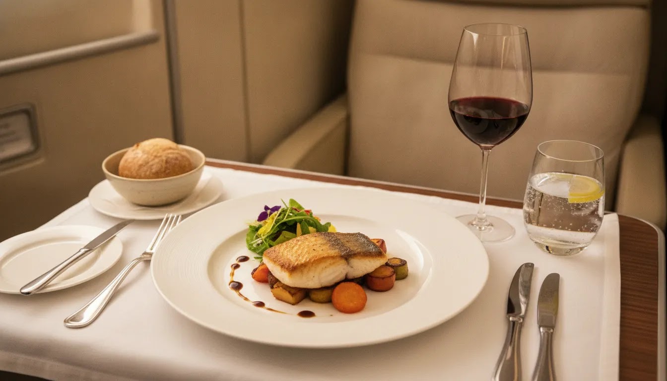 First class flight cost illustrated through premium onboard dining and cabin service details