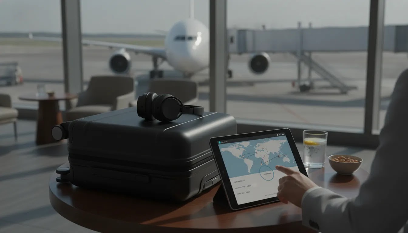 First class flight finder concept at airport gate with premium travel essentials