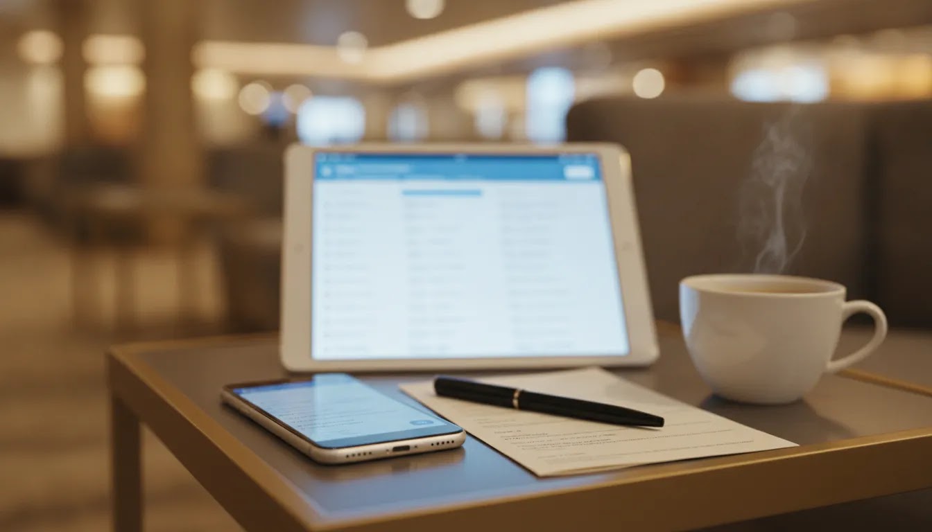First class flight finder tools comparison on a premium airport lounge table