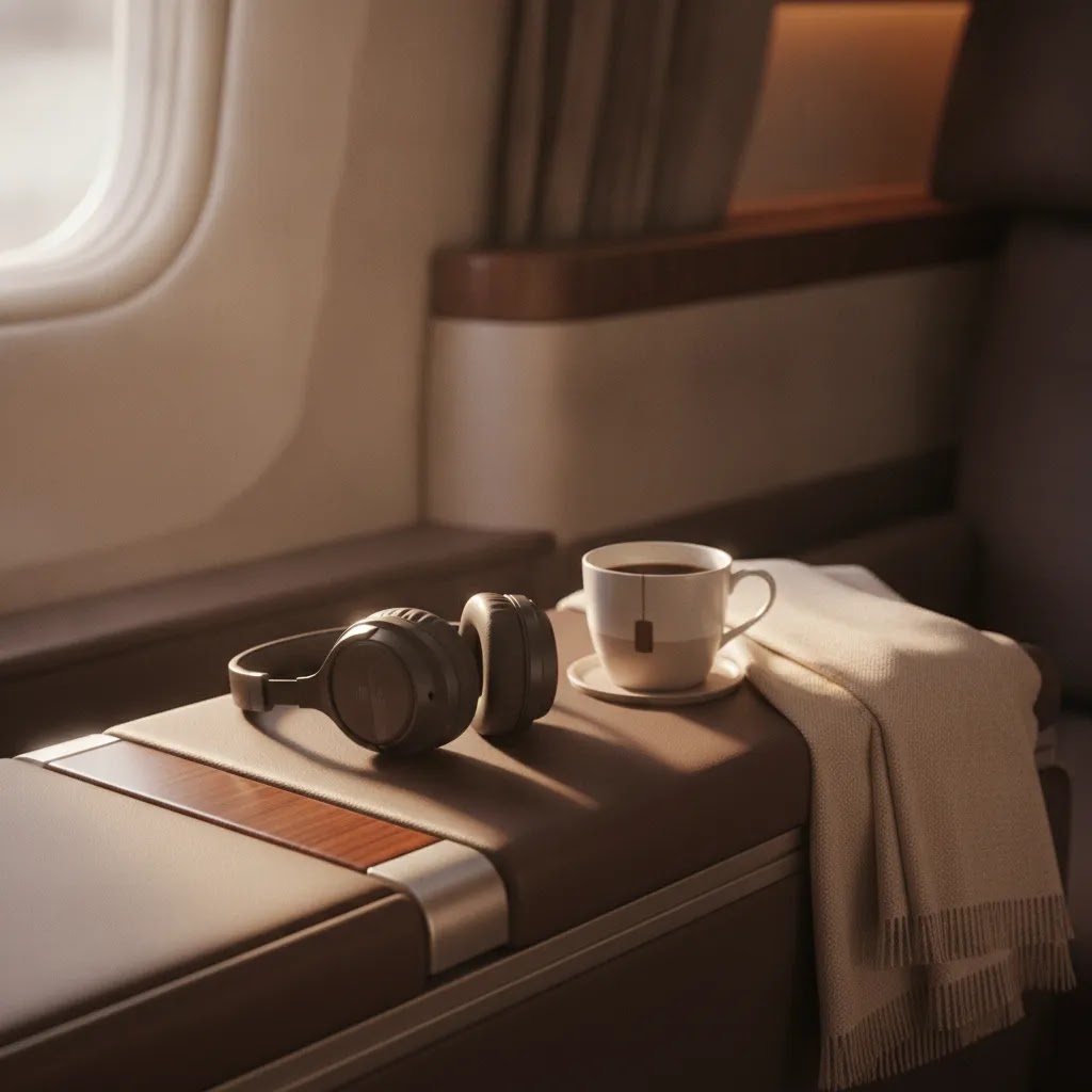Premium cabin social image with headphones, blanket, coffee, and seat detail