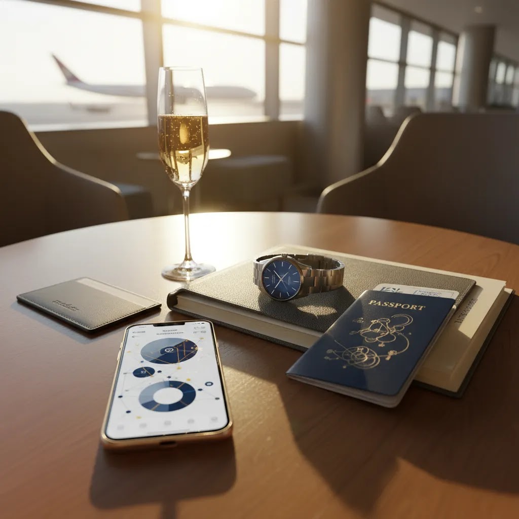 First class flight to Australia price planning concept with premium travel documents and luxury lounge setting
