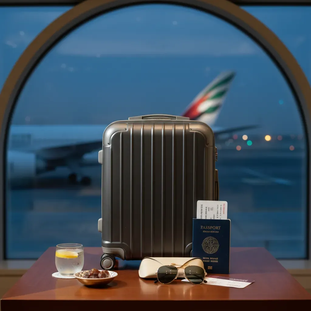 First class flight to Dubai from the United States with premium lounge and route planning scene