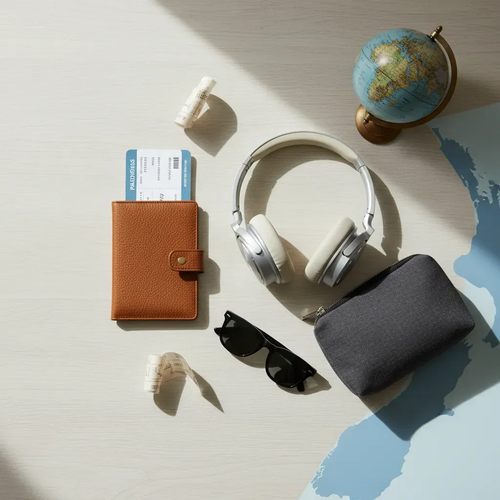 First class flight to New Zealand travel planning flat lay with premium accessories