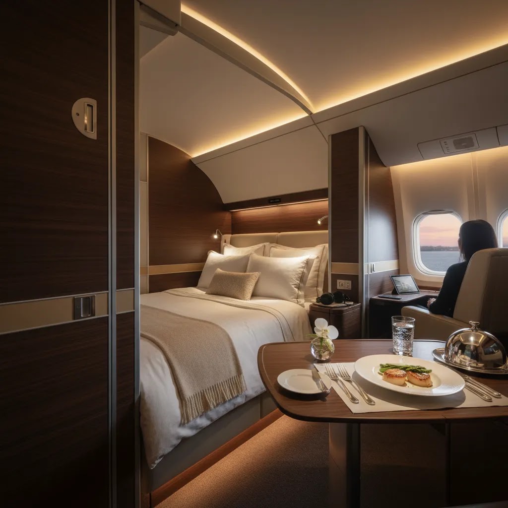 First class flight to Sydney cabin suite with private luxury seating and premium long-haul comfort