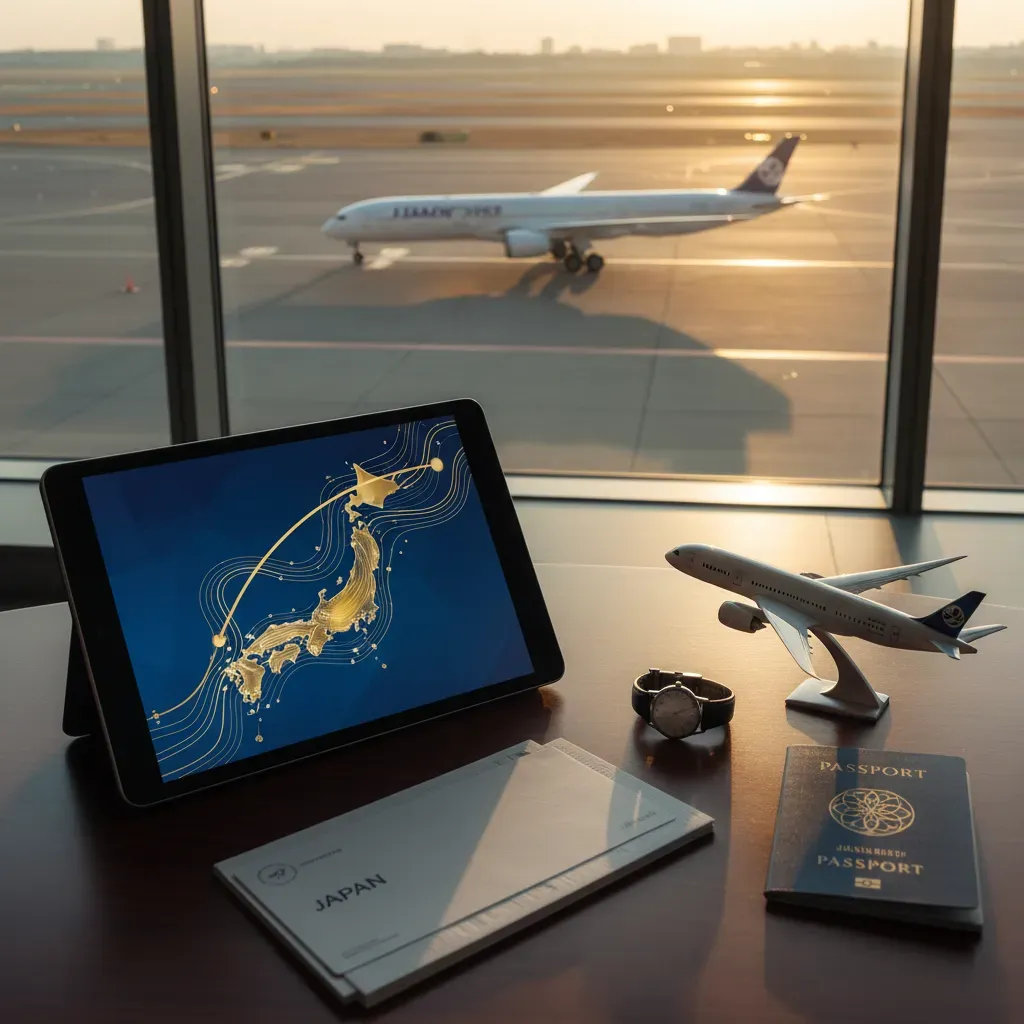 First class flight to Tokyo planning scene with route research, aircraft view, and premium travel details