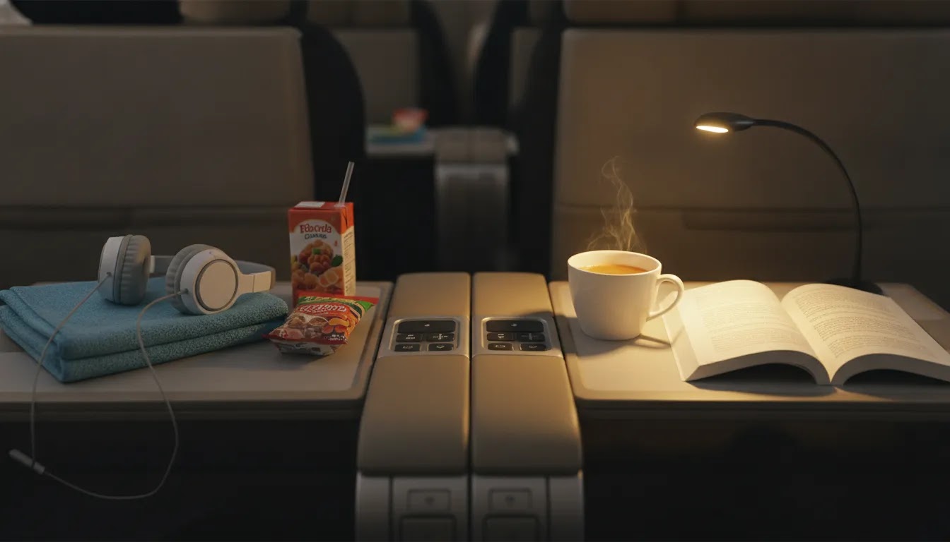 Family first class flight with practical adjacent premium seat details for parent and child travel