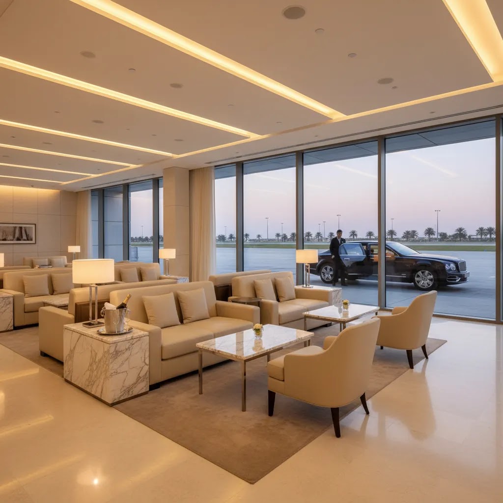 First class flights to Dubai ground experience with luxury lounge and chauffeur-style service