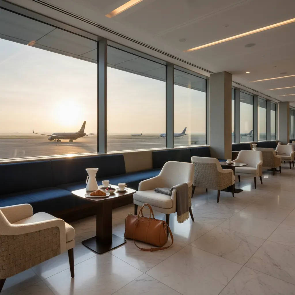 First class flights to Hawaii planning scene in a premium airport lounge