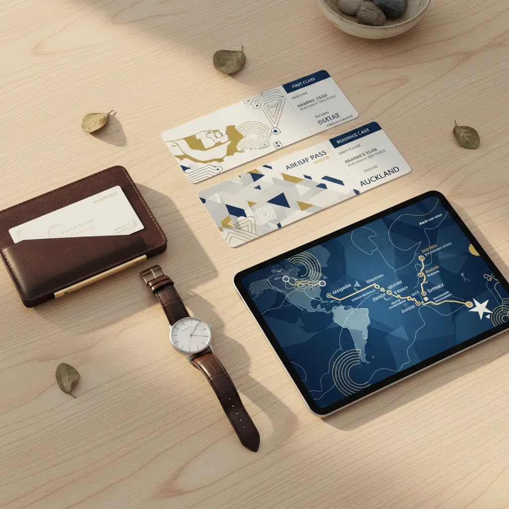 First class flights to New Zealand route planning with premium travel documents and hub connections