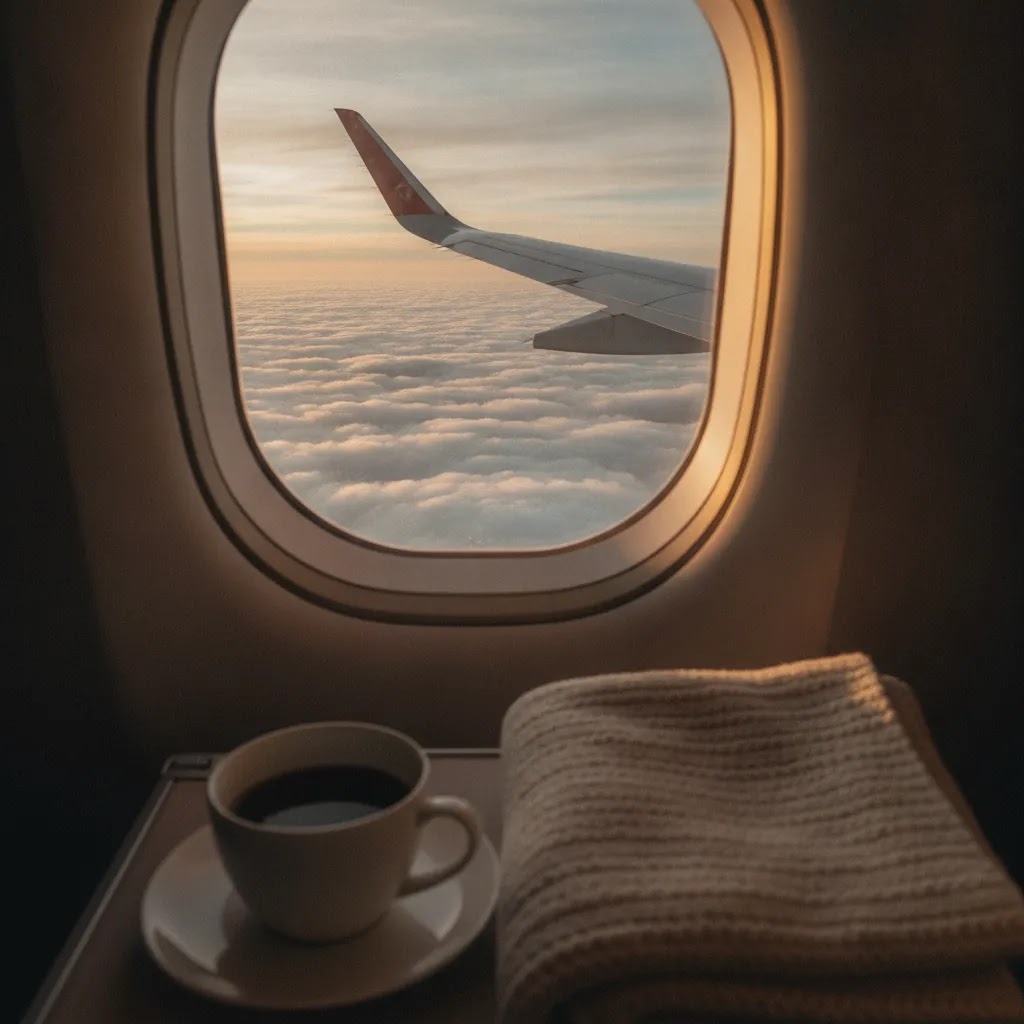 First class flights with beds social image showing a lie-flat travel scene with sunrise wing view