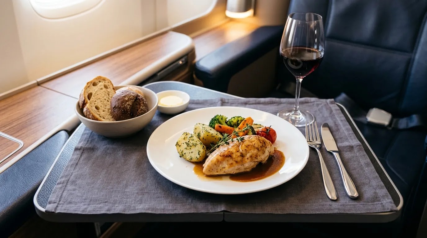 First class flight reviews evaluating refined onboard dining on long-haul journeys