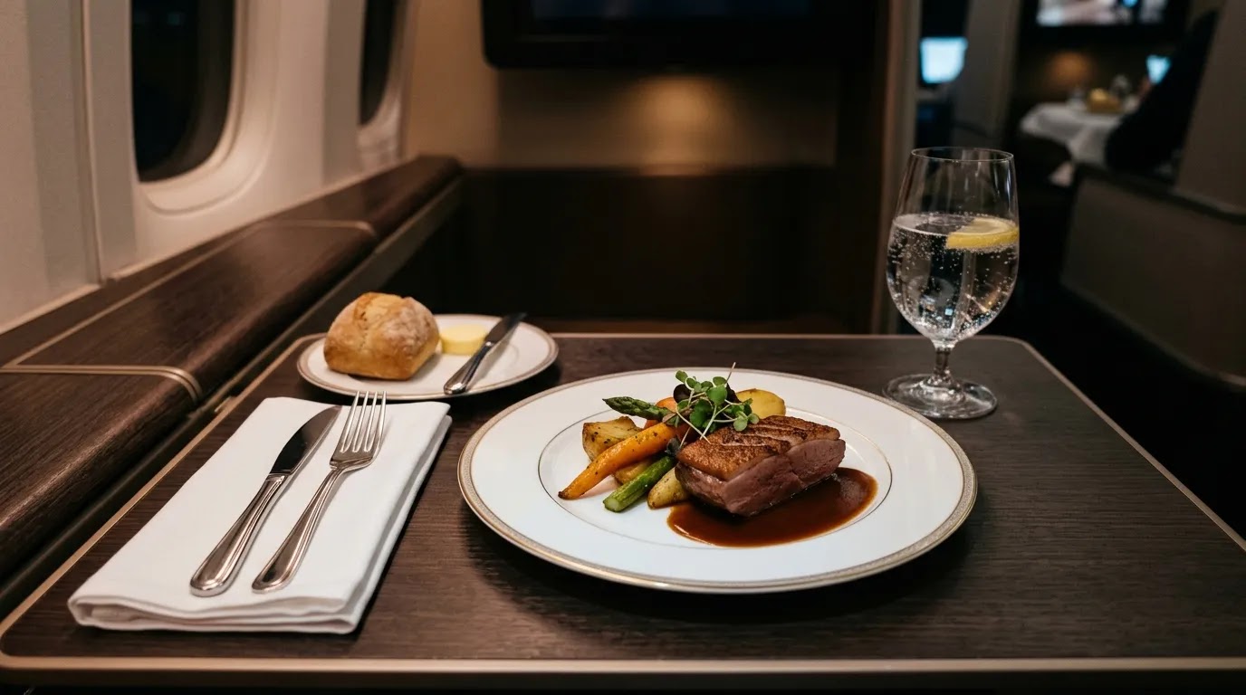 Gourmet inflight dining presentation on a premium tray table