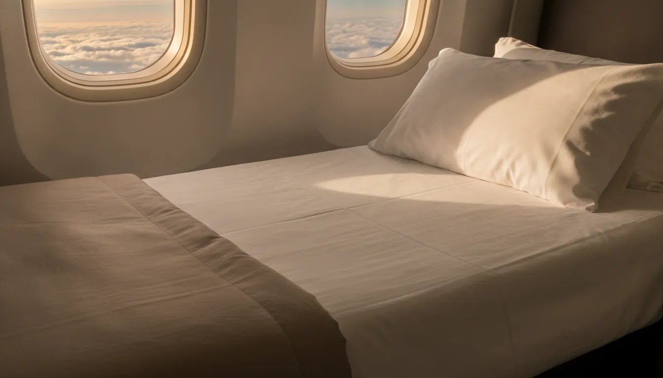 Long-haul premium cabin with bed setup and window light