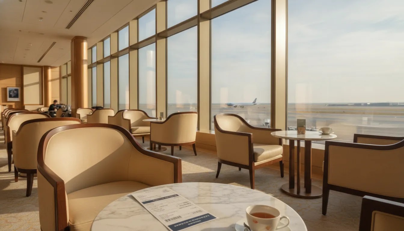 What is first class flight on the ground showing a premium airport lounge with runway view and quiet seating