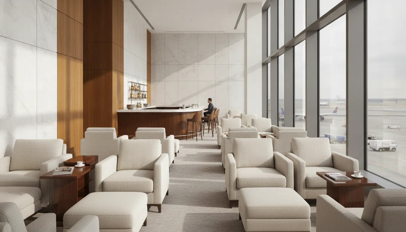First class perks in a premium airport lounge before departure