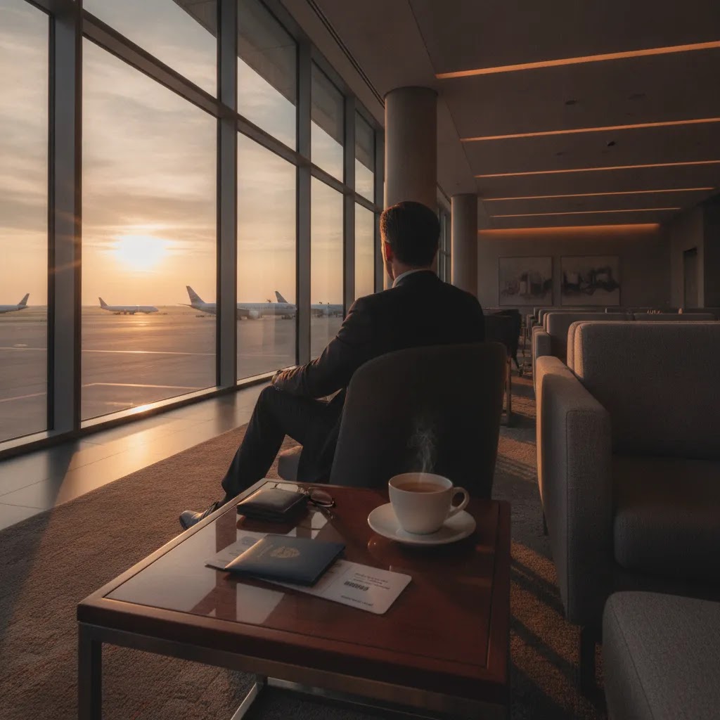 First class flights with beds price comparison shown through a premium airport lounge and long-haul departure setting