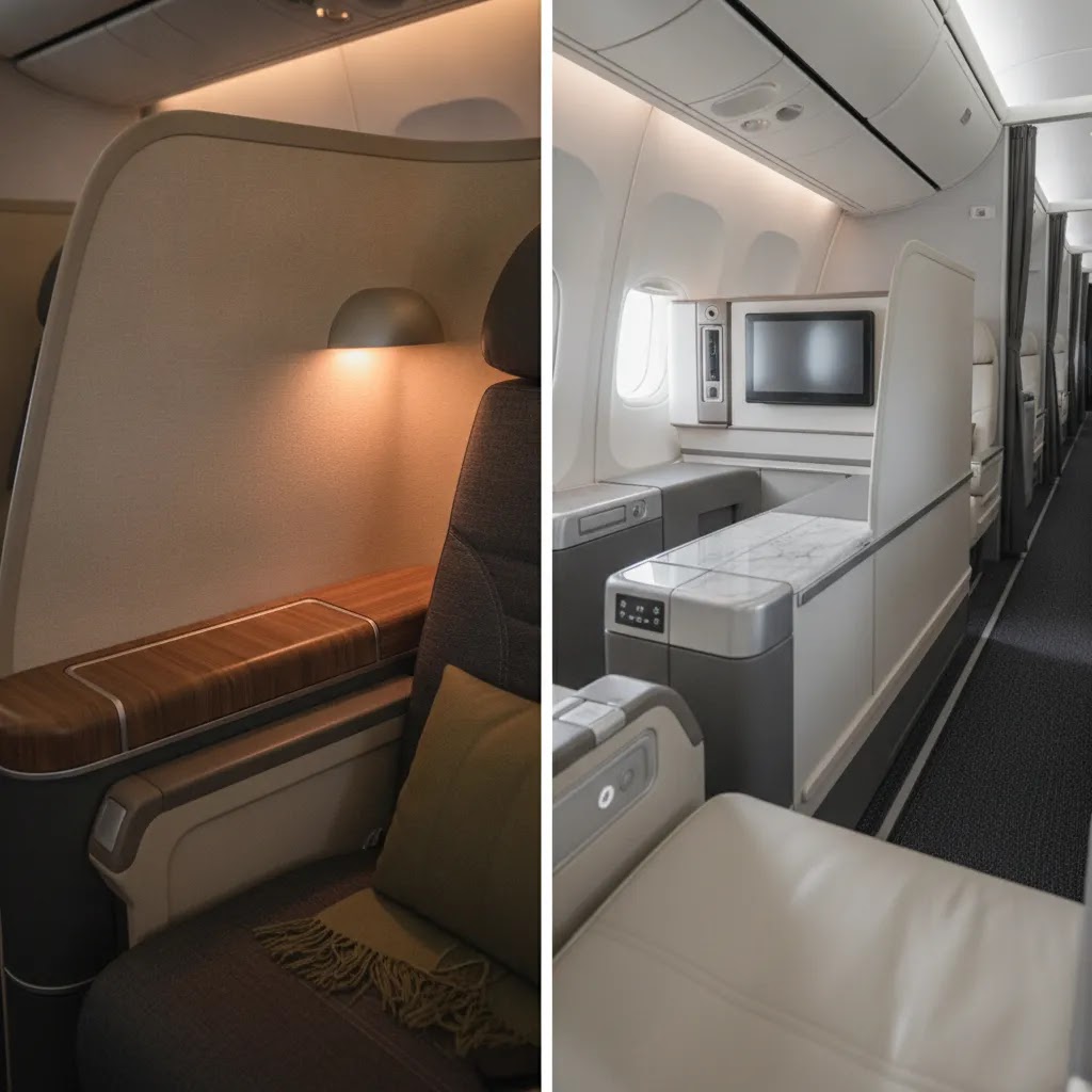 Premium cabin seat comparison showing private and open design details