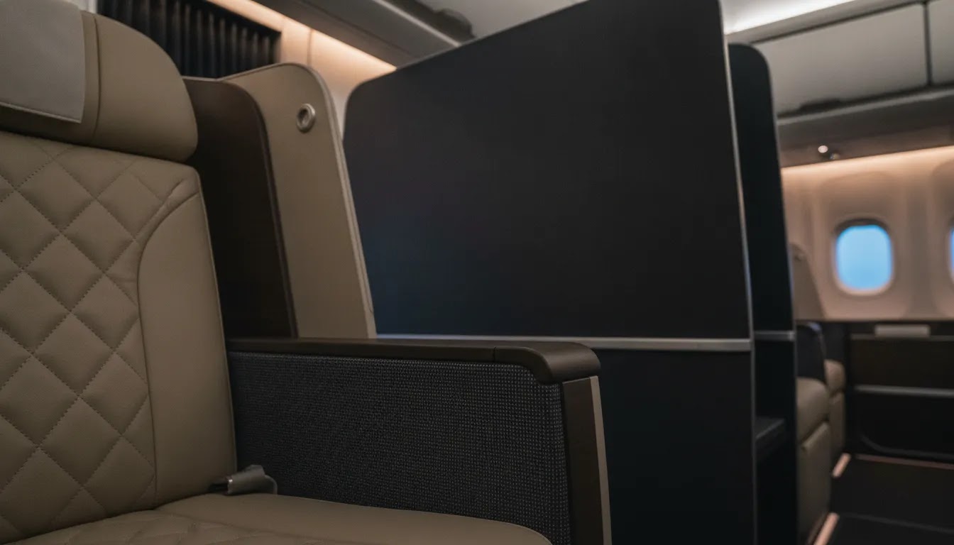 First class airplane seats comparison detail highlighting privacy shell height and premium cabin materials