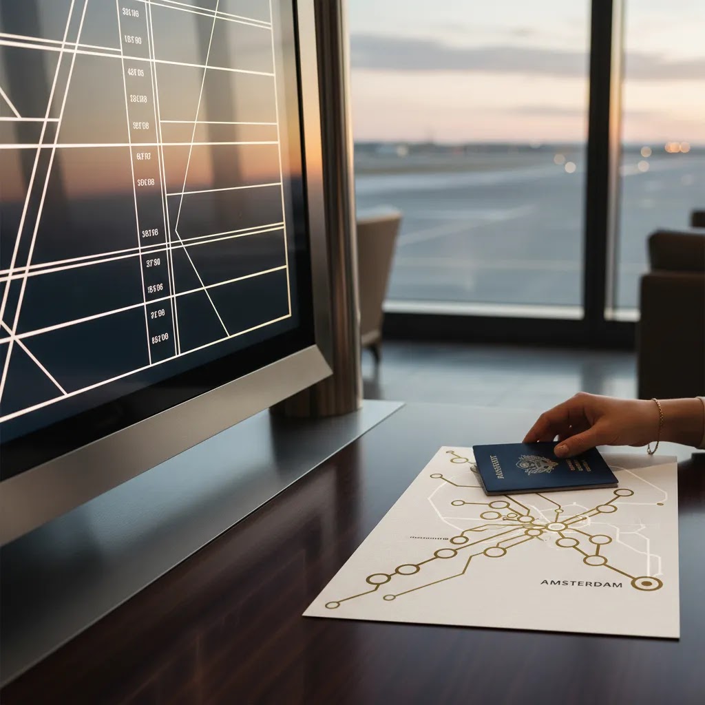 First class to Amsterdam routing options through European hubs from major U.S. departure cities