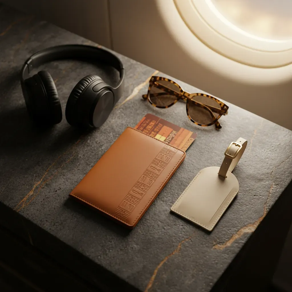 First class to Egypt luxury travel flat lay with premium accessories and airport mood