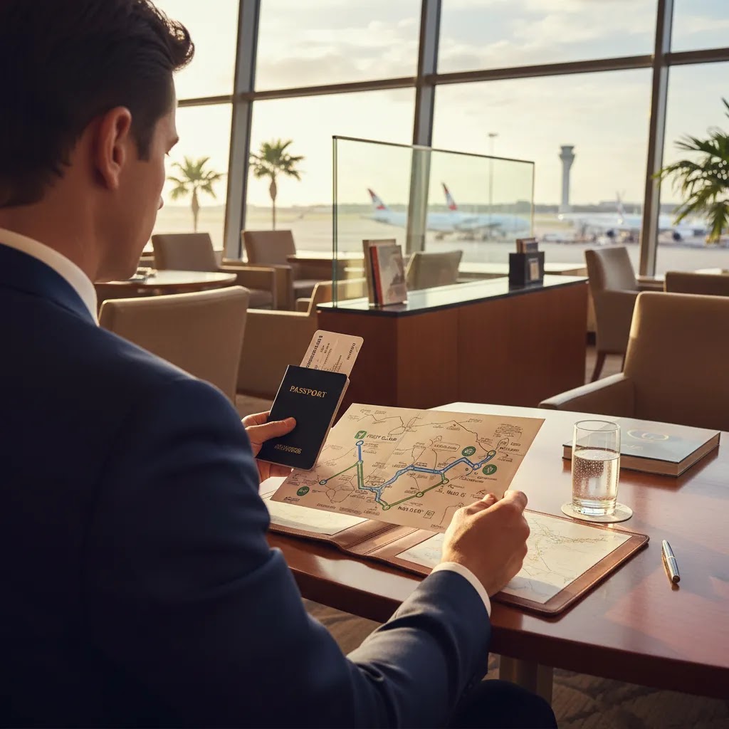 First class to Fiji itinerary planning in a luxury airport lounge
