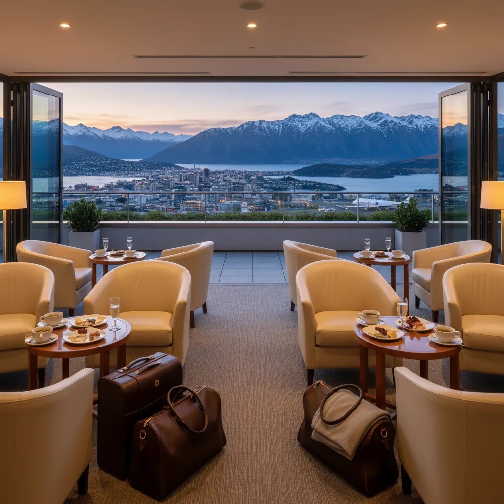 First class to New Zealand stopover and arrival experience with premium lounge and scenic destination view