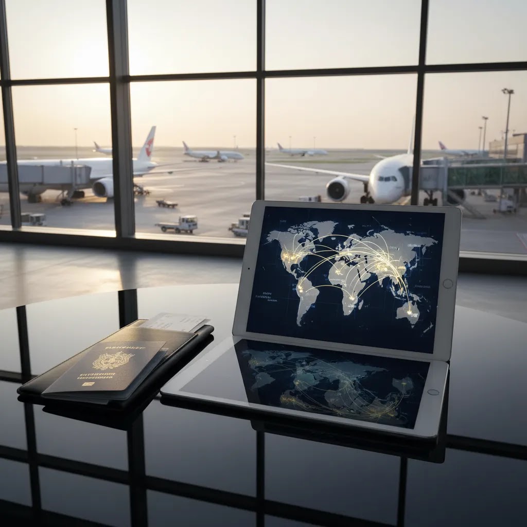 First class to Tel Aviv route planning with premium hub connections and airport lounge setting
