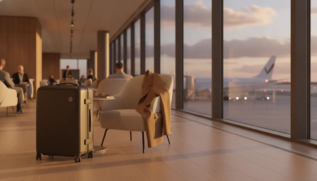 First class travel image showing a premium airport departure scene for milestone journeys