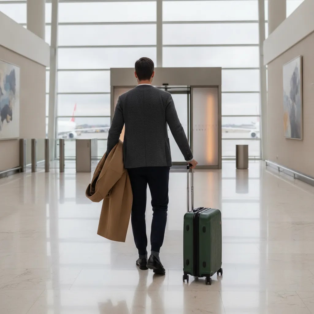 How to dress for first class flight with polished shoes and layers for a smooth airport transition