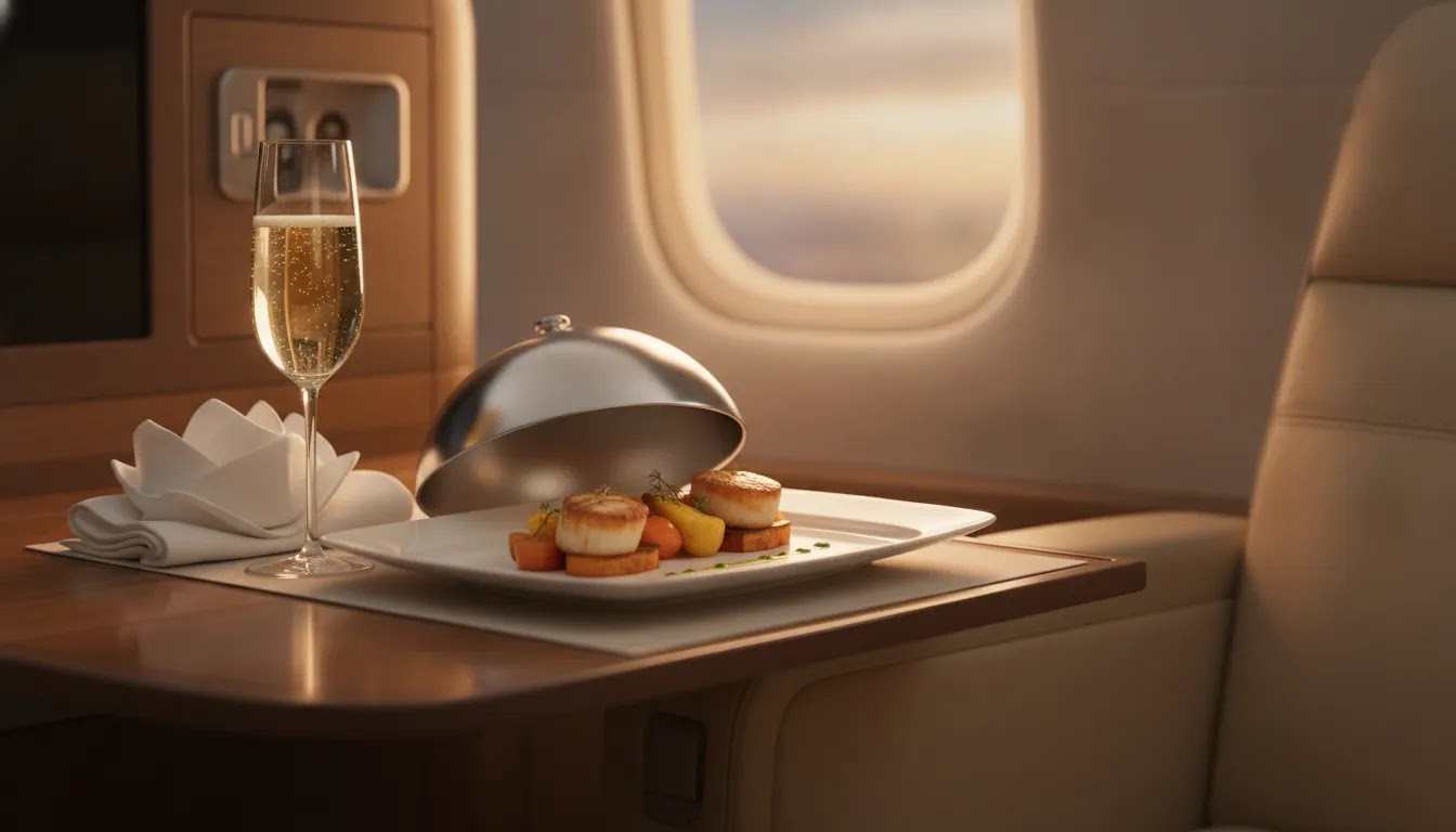 First class vacation packages illustrated by premium in-flight dining and cabin detail