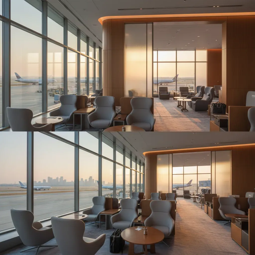 First class vs business class ground experience with lounge access, priority services, and private terminal style amenities