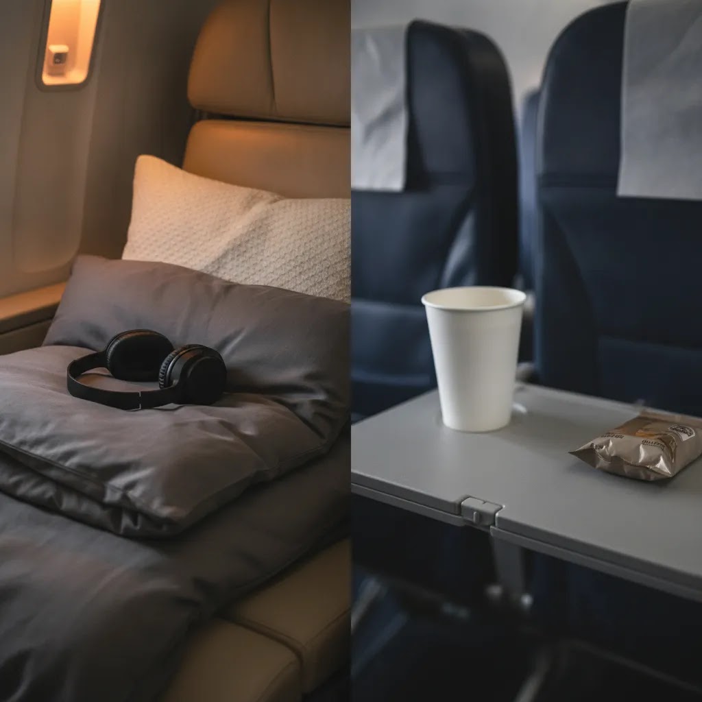 Is flying first class worth it comparison image showing premium sleep setup versus basic economy comfort