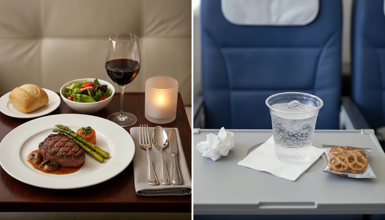 Visual comparison explaining first class flight costs versus standard international cabin experience