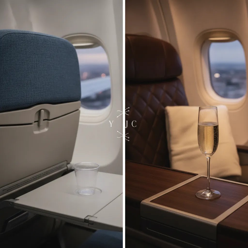 Flight class codes illustrated by realistic economy and premium seat detail comparison on a commercial flight