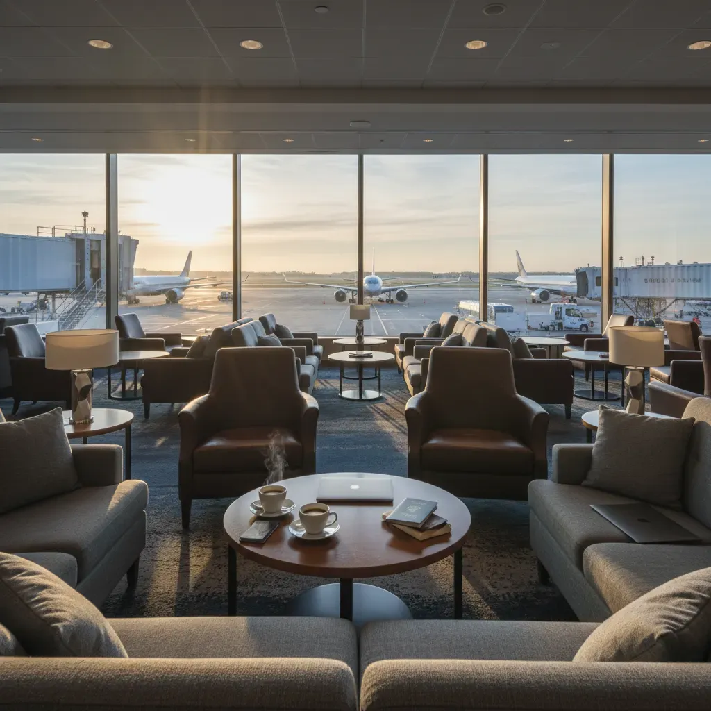 Most affordable business class tickets concept shown through a realistic premium airport lounge before departure