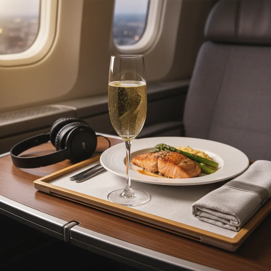 Cheap business class fares represented by a premium meal and amenity detail in a realistic aircraft cabin